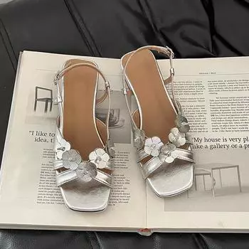 Fashion design sense flower open-toed wedge sandals women s casual skirt square heel sandals 35