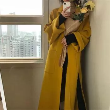FASHION Design Strap Lapel Long Turmeric Rare Jacket Loose Clothes S имбирный