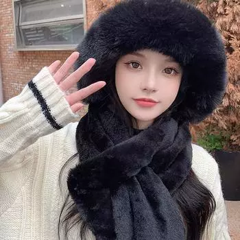 Fashion Design Warm Comfortable Women Plush Hat 2-in-1 Scarf Hat Hats Korean Hat Set бежевый