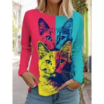 Fashion Design Women s T Shirts 3D Print Kawaii Cat Graphics Long Sleeve Crew Neck Regular Fit Spring/Fall Thin Style Sportwears S