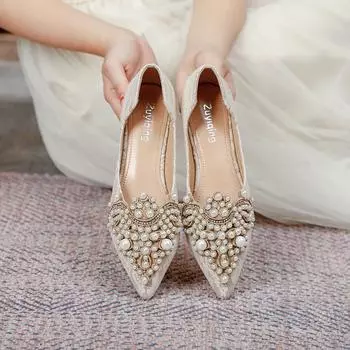 Fashion Designer Beads Wedding Shoes Women 2024 Lace Embroider Flats Woman Ballerina Pointed Toe Pearl Loafers Sneakers Plus Size 35-43 35
