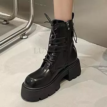 fashion Designer British Style Boots Women Leather Round Toe Thick Heels Shoes Woman Ankle Boots New Lace Up Retro Shoes Female 35