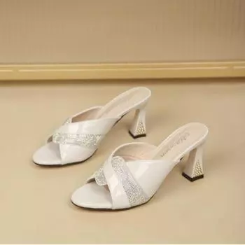 Fashion Designer Sandals Diamond Round Toe High Heeled Slippers Women s Outside Summer Leather Fashion Women Slippers Chanclas Mujer 34 синий