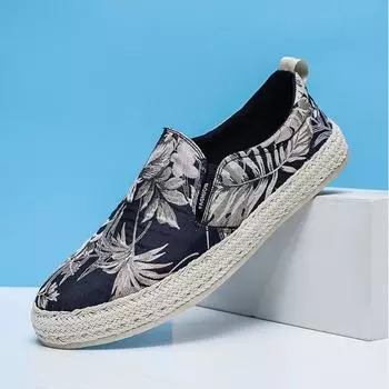 Fashion Designer Shoes Men New Breathable Fabric Slip-on Loafers Sneakers Casual Shoes Men Low Top Flower Print Canvas Men s Shoes 39 чёрный