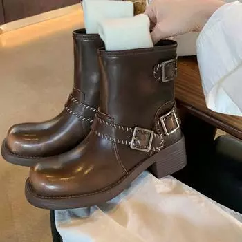 модный дизайнер винтажные женские ботильоны модная пряжка на ремне короткие ботильоны женские лаконичные толстые каблуки ботильоны для женщин 35 коричневый
