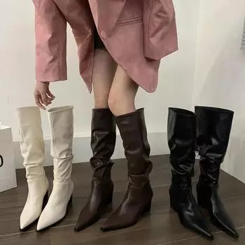 Fashion Designer Woman High Boots Fashion Pointed Toe Ladies Elegant Long Boots Shoes Square Low Heel Women s Footwear 2024 35 чёрный