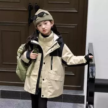 FASHION Детская уличная куртка, пуховик, зимняя куртка, новая, для мальчиков и девочек, 3 в 1, съемная, три вида ткани, водонепроницаемая, 90, бархатная куртка 110cm армия зеленый