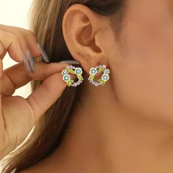 Fashion diamond-encrusted flower green leaf earrings shiny exquisite ladies holiday party wreath earrings