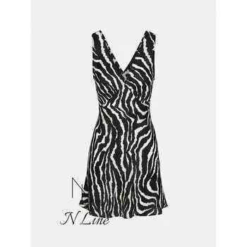 Fashion Direct Harvest Realisationpar Silk Deep V-neck Sleeveless Sweet and Spicy Retro Lace-up Pullover Dress Zebra Pattern M