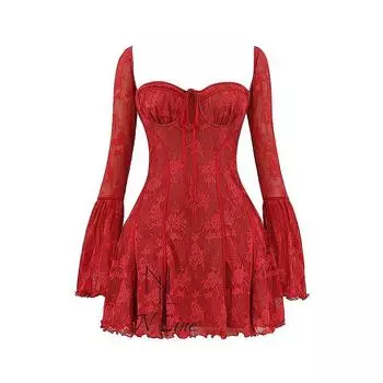 Fashion Direct Mining House of CB Early Spring Style Gorgeous Retro Cream Color Ruched Lace Waist Girdle Dress Short red XS
