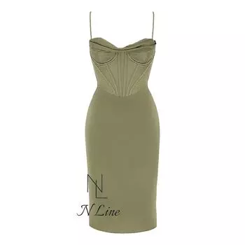 Fashion Direct Mining House of CB Early Spring New Products Sexy Strapless Suspenders Silk Fishbone Corset Midi Dress OLIVE L+