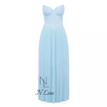 Fashion Direct Mining House of CB Sexy Tube Top Ruched Corrugated Silm Long Pleated Skirt Dress Blue S