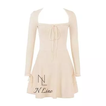 Fashion Direct Purchase House of CB 23 Gorgeous Cream Color Knitting Square Collar Long Sleeve Mini Dress Cream color XS