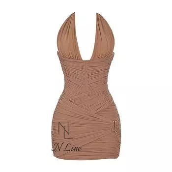 Fashion Direct Purchase House of CB 23 Sexy Siberian Hazelnut Color Soft Pleated Mini Short Dress HAZELNUT XS