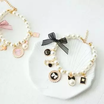 Fashion Dog Necklace Sweet Puppy Rhinestone Collar Chain Pearl Collar Chihuahua L розовый