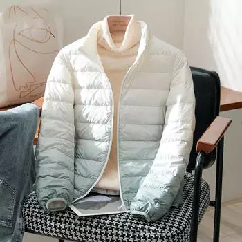 FASHION down jacket women s light and thin short gradual change down stand-up collar hooded slim fit small light down jacket trendy Clothes S [recommended 80-45kg]