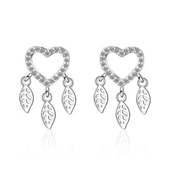 Fashion Dream Catcher Feather Personality 925 Sterling Silver Jewelry Love Heart -Shaped Crystal Temperament Stud Earrings Xze190