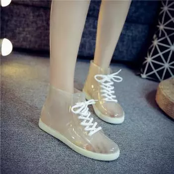 Fashion Dwayne New Transparent PVC Rainboots Women Waterproof Boots Fashion Galoshes Lace-up Water Shoes Fishing Candy colors Rain Boots 4