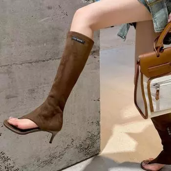 Fashion Eilyken Black Open Toe Clip-On Knee Boots Women s Modern Booties Thin Low Heel Side Zip Spring Summer Party Heels Sandals 35 коричневый