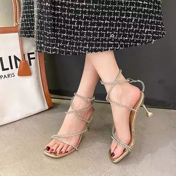 Fashion Eilyken High Heels PVC Transparent Crystal Women Sandals Summer Fashion Silver Rhinestone Sexy Square Toe Party Pumps 34 серебряный