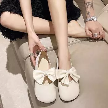 Fashion Elegant Bowknot Ballerina Women s Flat Round Toe Comfort Slip-On Ladies Loafers Leather Single Mules Shoes 35 бежевый