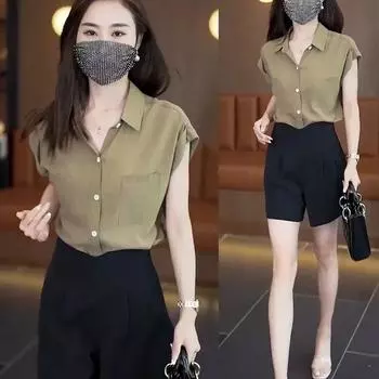 Fashion Elegant Chiffon Blouse Women s Summer 2025 New Arrival Loose Slim Looking Business Shirt Western Style Blouse Top Khaki XXS