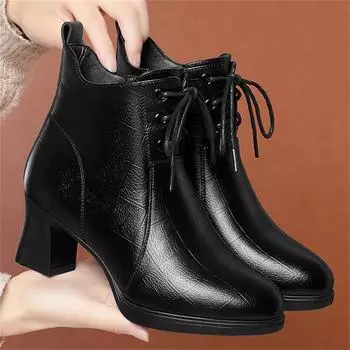 Fashion Elegant Comfort Soft Leather Thick Heel Ankle Boots Women Lace Up Pointed Toe Autumn Winter Warm Party Casual Platform Boots 35(Foot22.5cm)