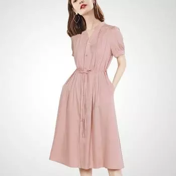 Fashion Elegant French Style Tea Dress 2025 New Arrival Summer Ruched Stand Collar Dress Women s Waist-Controlled Lace-up A- line Skirt Pink S