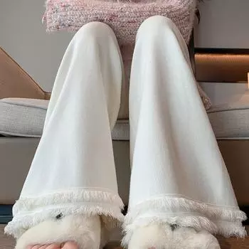 Fashion Elegant Fringed Women Wide-leg Pants Autumn and Winter Loose Casual High-waisted Drawstring Long Pants New Female Simple Trousers 2380 S белый