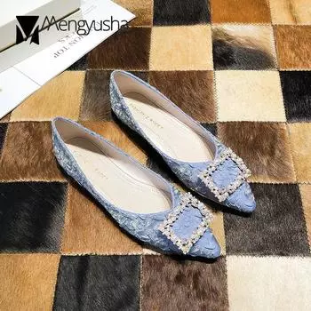 Fashion Elegant Pearl crystal buckle moccasins femme ballerina loafers cozy satin flats woman pointed toe pearl sneaker shoes women 2024 5 синий