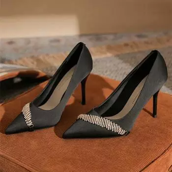 Fashion Elegant Pointed Toe Satin Design Women Pumps Thin High Heels for Women Luxury Rhinestone Decoration Banquet Shoes Dress Heels 35 чёрный