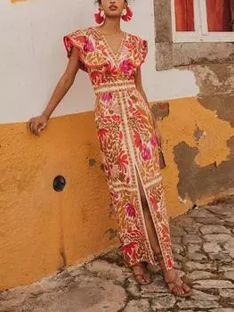Модное элегантное длинное платье с принтом и разрезом, женское сексуальное милое вечернее платье без рукавов, женское шикарное ретро-платье в стиле High Street, летнее XL оранжевый