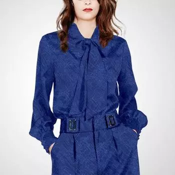 Fashion Elegant Streamer Stand Collar Fall Long Sleeve Shirt Blue Print S