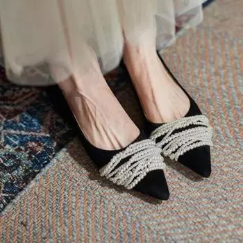 Fashion Elegant String bead ballerina women shoes sneakers shallow slip on loafers woman flats sweet pointed toe pearl moccasins 2024 34 чёрный