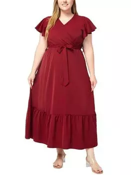 Модное элегантное платье с V-образным вырезом и рукавами-бабочками, женское повседневное платье с оборками и подолом, длинное платье макси, женское, французское, винтажное, со шнуровкой, свободное, натуральная одежда XL красный