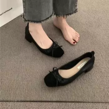 Fashion Elegant White Ballerinas Women Pumps Slip on Loafers Round Toe Square Heels Bowknot Casual Spring Autumn Low Heel Shoe 35