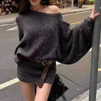 Модное элегантное женское трикотажное платье в корейском стиле с длинным рукавом и талией, облегающее платье-свитер с открытыми плечами, однотонная повседневная свободная одежда 1402 One Size серый