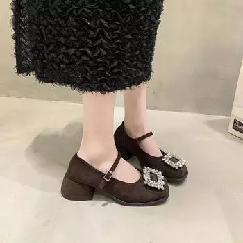 Fashion Elegant Women s Shoes Rough Heels Rhinestones Winky Mary Sandals 2024 Spring New Arrival Shallow Heels Women s Evening Shoes 35 чёрный