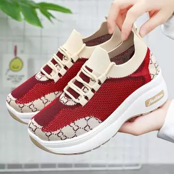 Fashion Elevated Shoes 2024 Spring New Fashion Women s Shoes Thick Sole Anti slip Knitted Upper Breathable Casual Shoes 36-41 36