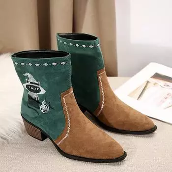 Fashion Embroider Cowboy Boots Women Pointed Toe Square Heel Ankle Boots Woman Mix Color Faux Suede Med Heels Western Botas 36 хаки