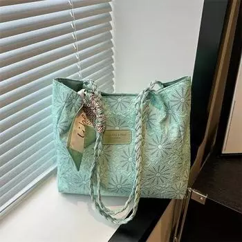 Fashion Embroidery Flower Shoulder Bag Women Large Capacity Ribbon Decoration Handle Bag Casual Commuter Shopping Tote Bag зелёный