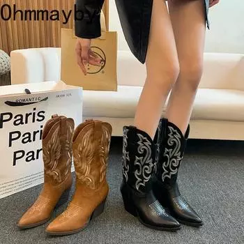 мода вышивка женские ковбойские сапоги модные элегантные остроносые туфли без застежек квадратный каблук женские полусапожки до середины голени 35 коричневый
