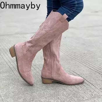 мода вышивка женские ковбойские сапоги модные боковые молнии рыцарские длинные сапоги осень зима женские туфли на низком каблуке 36 розовый