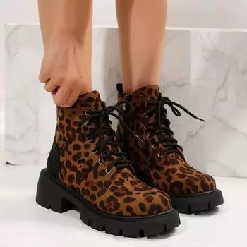 Fashion European American Leopard Print Short Boots 2024 Autumn Winter British Style Thick Soled Short Tube Motorcycle Boots for Women 36 цветной печати леопарда