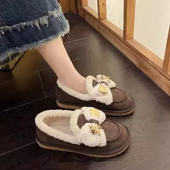 Fashion European and American Bow Cotton Shoes 2024 Winter New Little Bear Decorative Soft Sole Anti Slip Plush Flat Bottom Cotton Shoes 36 коричневый