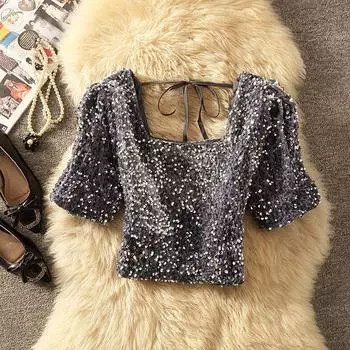 Fashion European and American Chic Back Strap Short Top Sexy Square Mouth Collar Bright Glitter Woman s Short Sleeve Pullover Grey XL