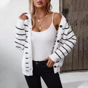 Fashion European and American hooded striped knitted cardigan women s 2024 autumn and winter loose casual versatile pocket sweater jacket S серый