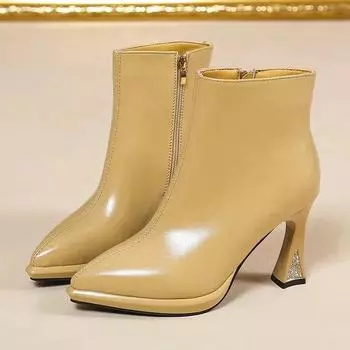 Fashion European and American pointed high-heeled women s boots 2024 thick sole rhinestone versatile short tube women s fashion boots 34 бежевый
