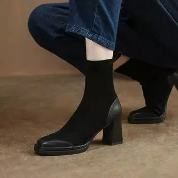 Fashion European and American Style Thick Heels High Heels Female Boots Sexy Elastic Boots Female 2024 New Slip-on Thin Boots Female 35 чёрный