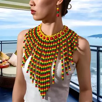 Модные преувеличенные ручные плетеные бусины короткие ожерелья серьги комплект, ожерелье ювелирные изделия для женщин красный